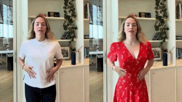 A shopper live on camera: their own t-shirt, and a red floral dress rendered onto them in real time