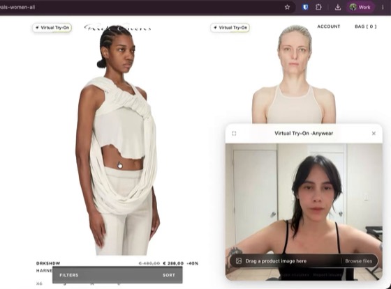 The Anywear try-on panel open on a fashion storefront